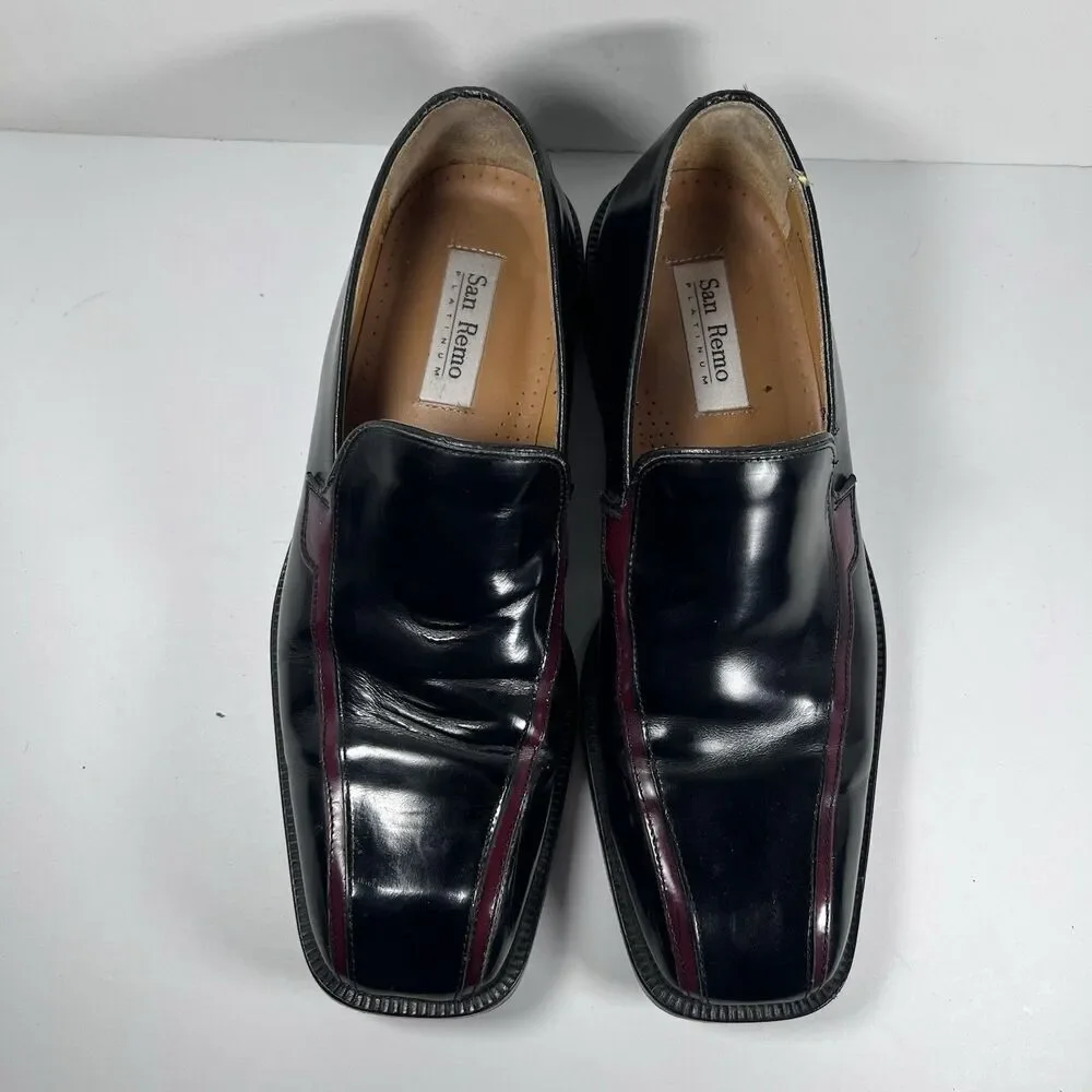 San Remo Platinum Leather Penny Loafers Dress Shoes Black/Burgundy Men's 10.5